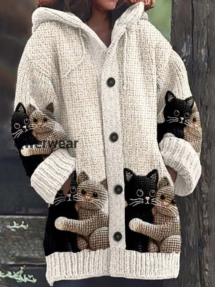 Cute Cat Print Button Up Thick Long-Sleeved Hooded Cardigan Sweater Beige / S