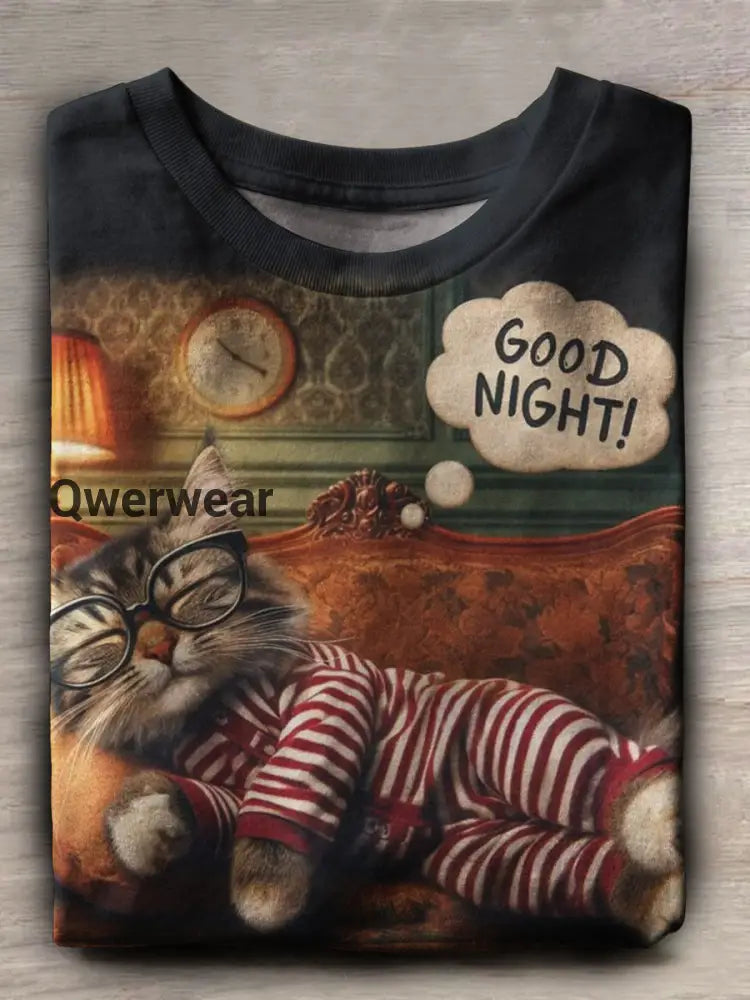 Cute Cat Print Casual Short Sleeve Top Multicolor / S