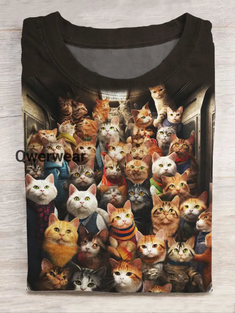 Cute Cat Print Casual Short Sleeve Top Multicolor / S