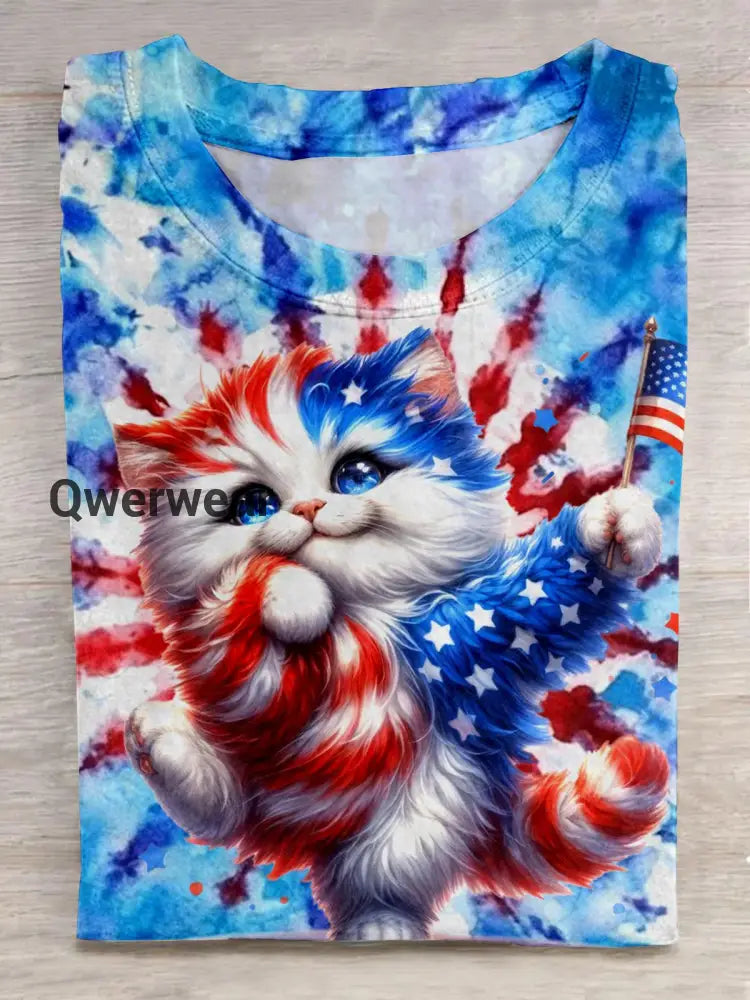 Cute Cat Print For Independence Day Crew Neck T-shirt As Picture / S Women\’s Tops