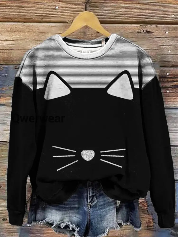Cute Cat Printed Long Sleeve Casual Top Mixed Color / S Women\’s Tops
