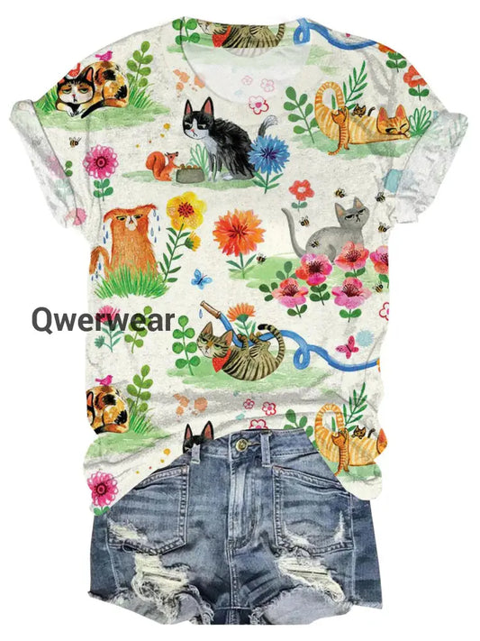 Cute Cats Print Crew Neck T-shirt As Picture / S Women\’s Tops