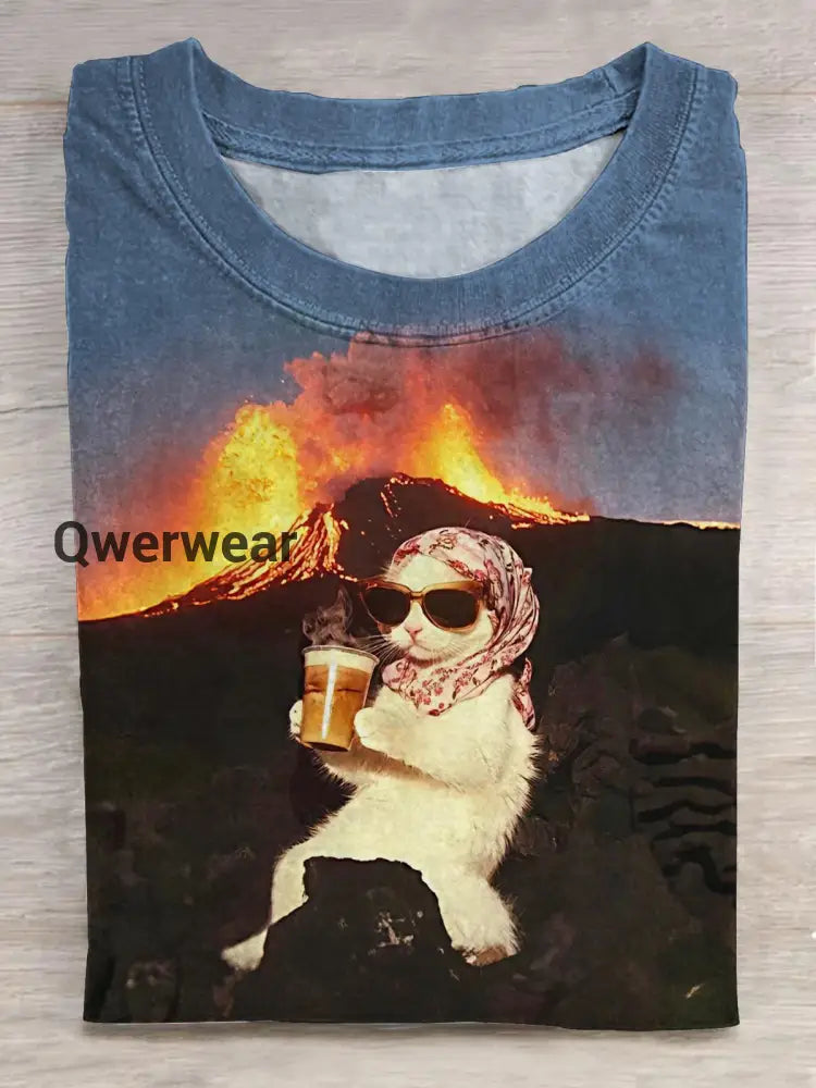 Cute Coffee Volcano Cat Print Crew Neck T-shirt Mixed Color / S
