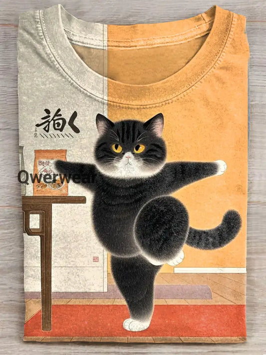 Cute Fat Yoga Cat Art Print Casaul Short Sleeve T-shirt Multicolor / S