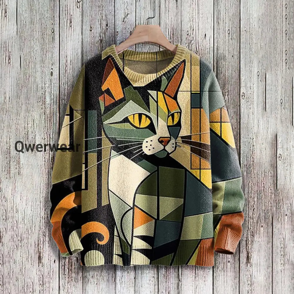 Cute Geometric Abstract Cat Art Pattern Printed Casual Knitted Pullover Sweater multicolor / S Women\’s Tops