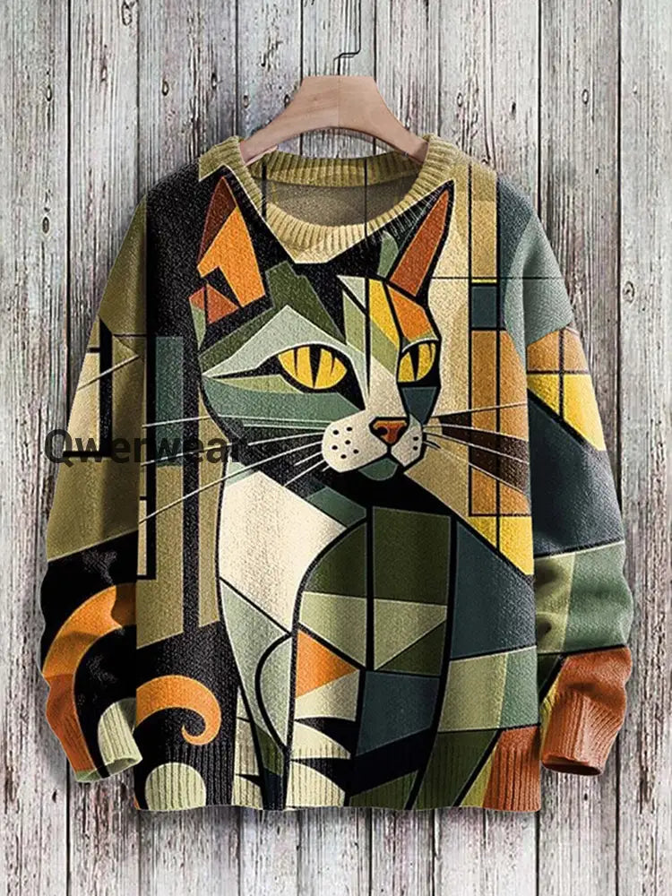 Cute Geometric Abstract Cat Art Pattern Printed Casual Knitted Pullover Sweater Women\’s Tops