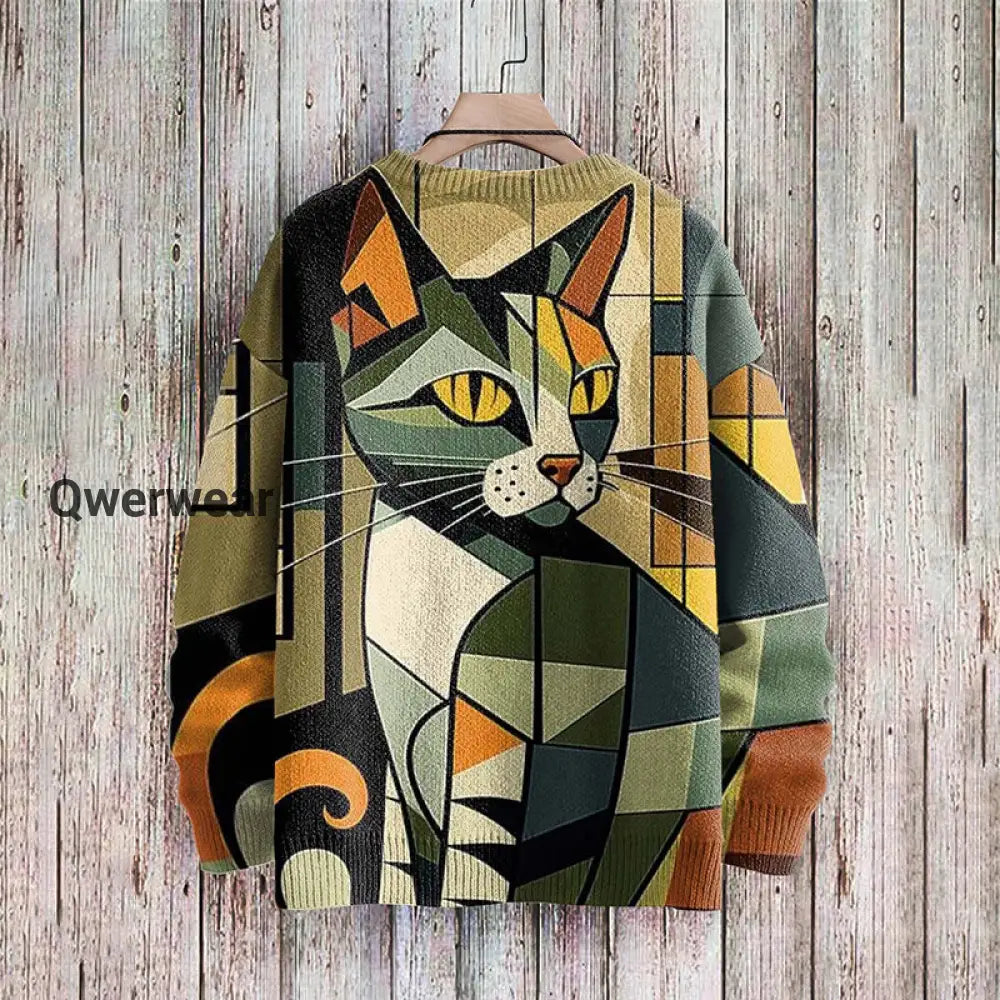 Cute Geometric Abstract Cat Art Pattern Printed Casual Knitted Pullover Sweater Women\’s Tops
