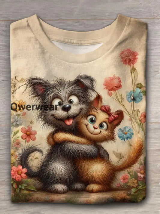 Cute Puppy And Kitten Retro Crew Neck T-shirt Mixed Color / S Women\’s Tops