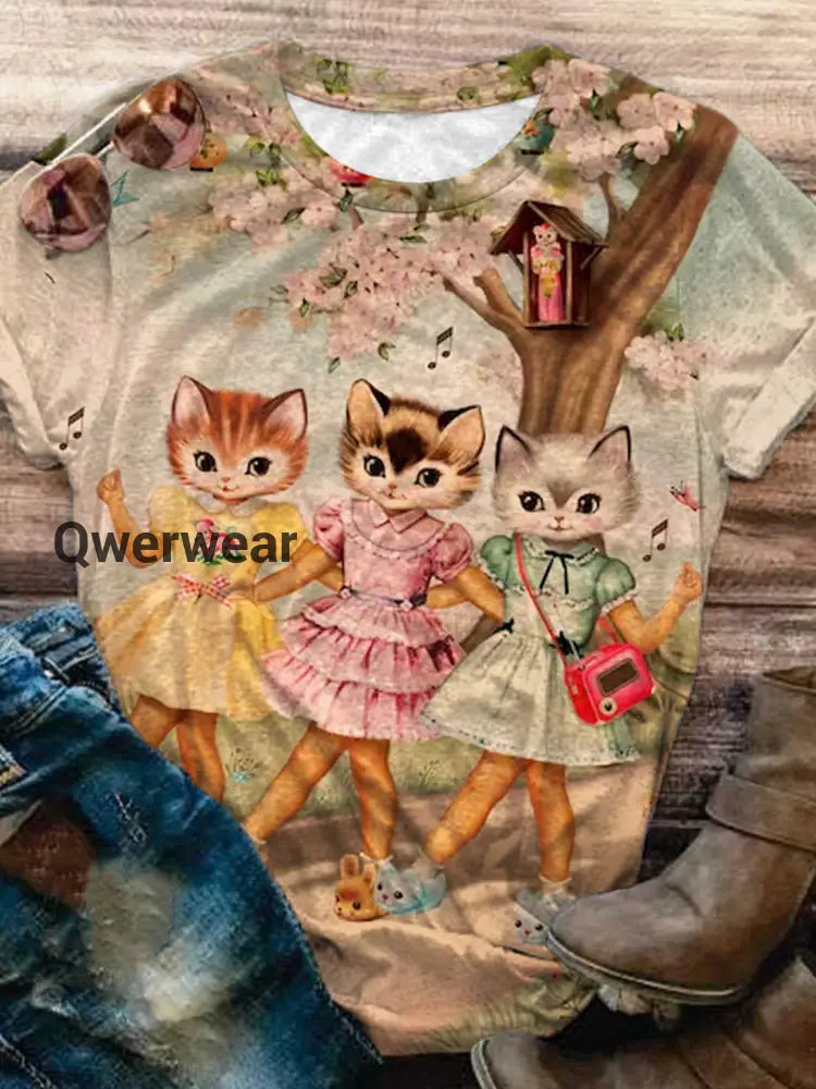 Cute Retro Cat Print Crew Neck T-Shirt multicolor / S Halloween