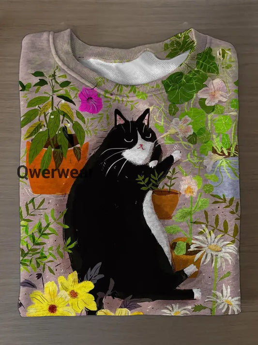 Dancing Cat Printed Long Sleeve Casual Top Mixed Color / S Women\’s Tops