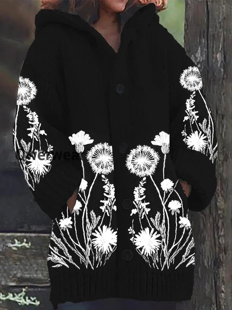 Dandelion Vintage Print Button Thick Long Hooded Cardigan Black / S