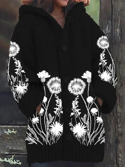 Dandelion Vintage Print Button Thick Long Hooded Cardigan Black / S