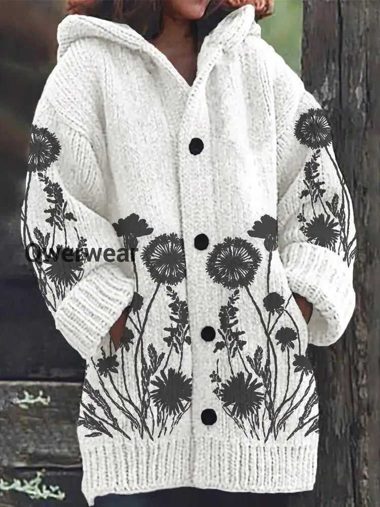 Dandelion Vintage Print Button Thick Long Hooded Cardigan White / S