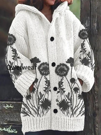 Dandelion Vintage Print Button Thick Long Hooded Cardigan White / S