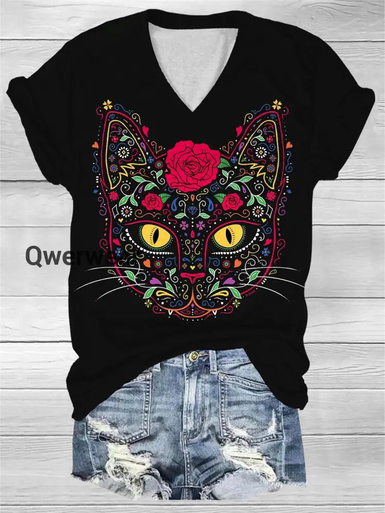 Day of the Dead Kitty Cat Sugar Skull Print T-Shirt Black / S Halloween