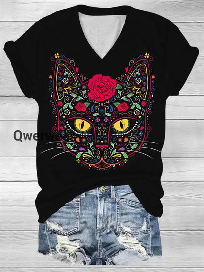Day of the Dead Kitty Cat Sugar Skull Print T-Shirt Black / S Halloween