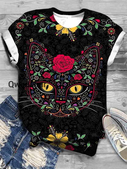 Day of the Dead Kitty Cat Sugar Skull Print T-Shirt Floral / S Halloween