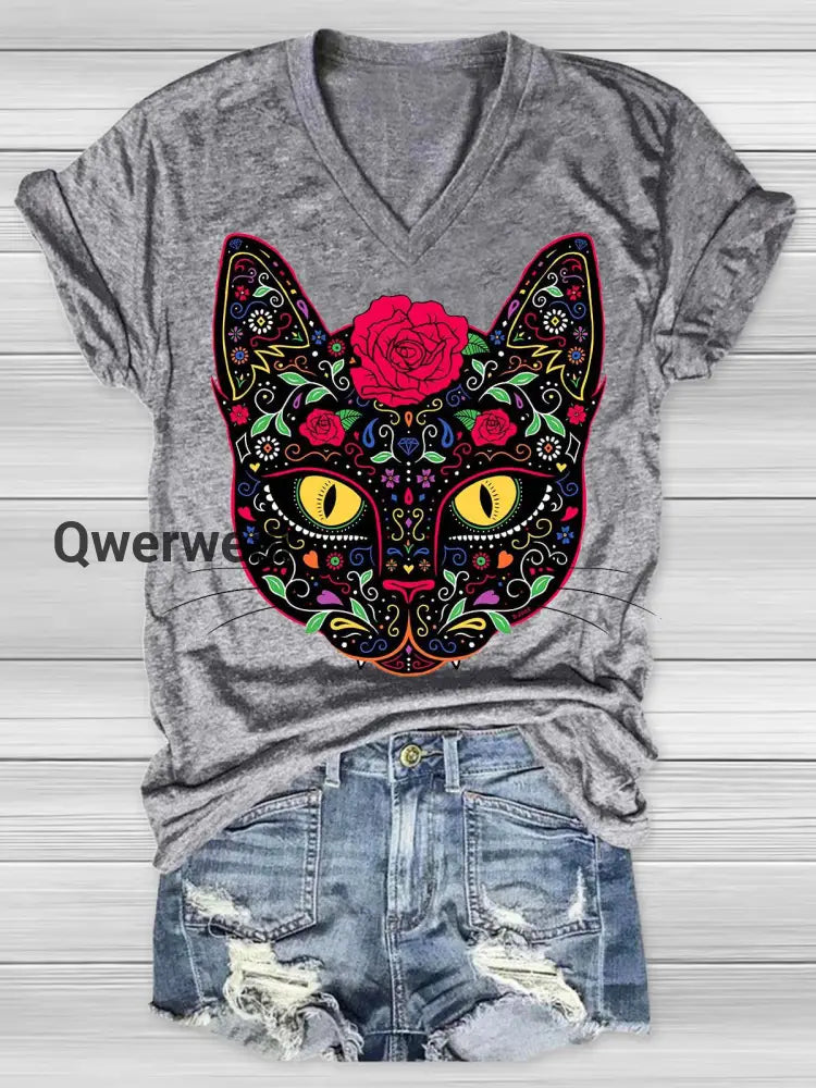 Day of the Dead Kitty Cat Sugar Skull Print T-Shirt Gray / S Halloween