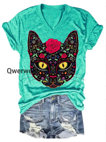 Day of the Dead Kitty Cat Sugar Skull Print T-Shirt Green / S Halloween