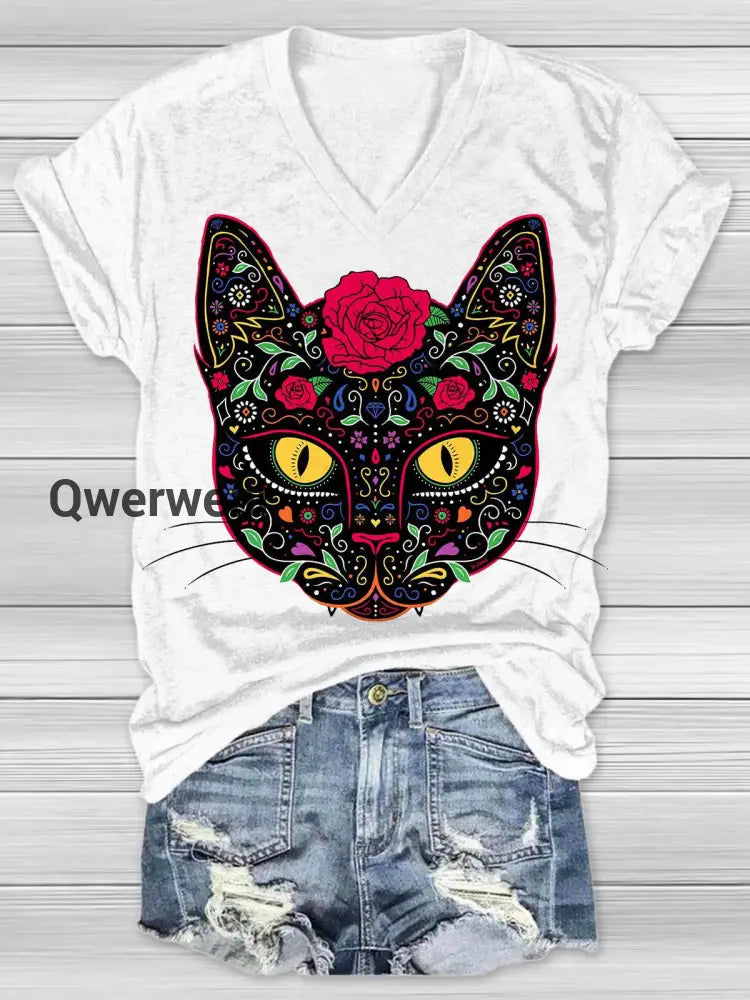 Day of the Dead Kitty Cat Sugar Skull Print T-Shirt White / S Halloween