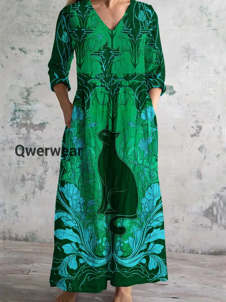Divine Black Cat and Floral Art Print Women’s V-Neck Long Sleeve Pocket Dress Dark Green / S