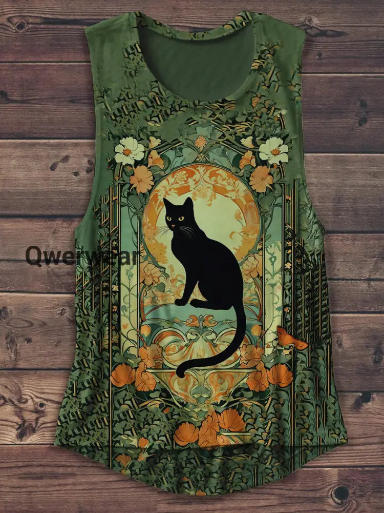 Divine Black Cat and Rose Art Print Unisex Casual Tank Top Green / S