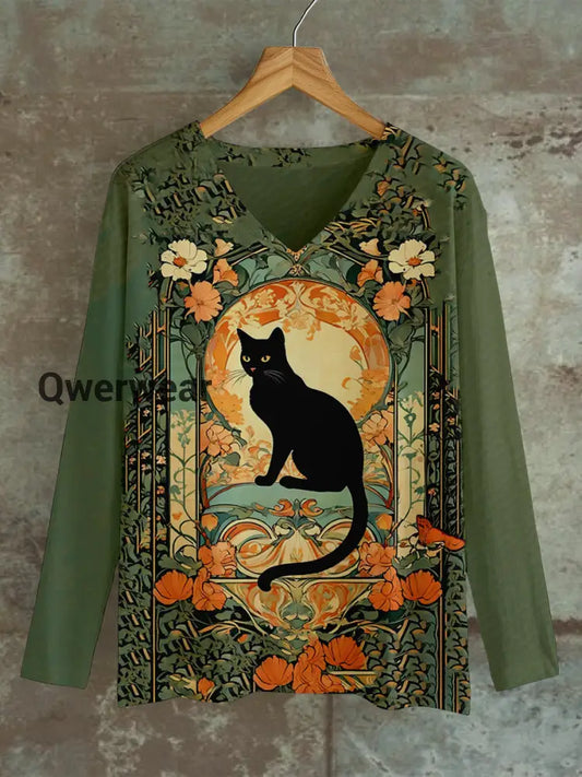 Divine Black Cat And Rose Art Print Unisex V-Neck Long Sleeve Casual T-Shirt Green / S