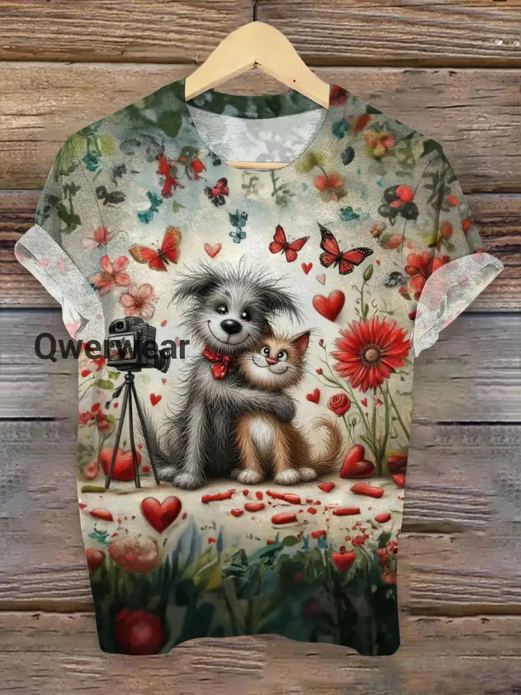 Dogs And Cats Taking Photos Crew Neck T-shirt As Picture / S Women\’s Tops