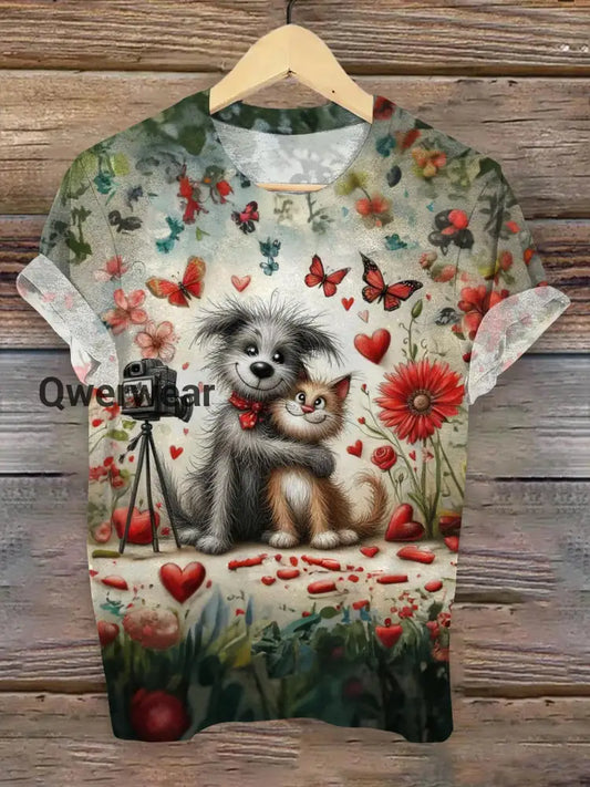 Dogs And Cats Taking Photos Crew Neck T-shirt As Picture / S Women\’s Tops