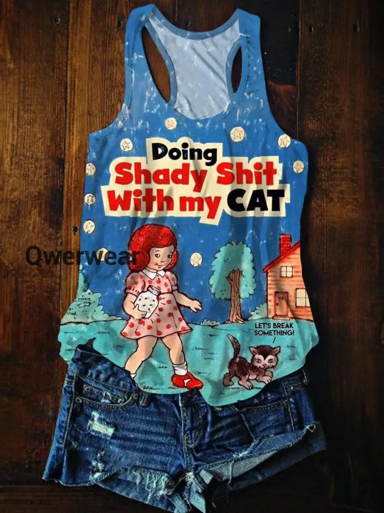 Doing Shady Shit With My Cat Printed Casual Tank Top As Picture / S Women\’s Tops