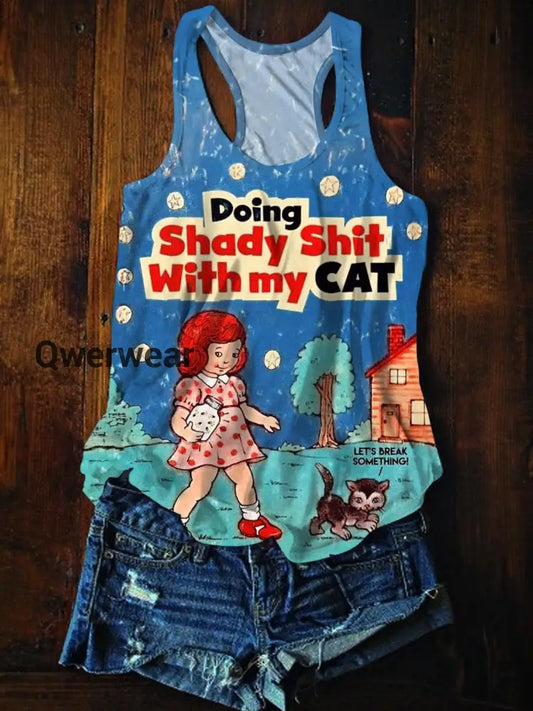 Doing Shady Shit With My Cat Printed Casual Tank Top As Picture / S Women\’s Tops