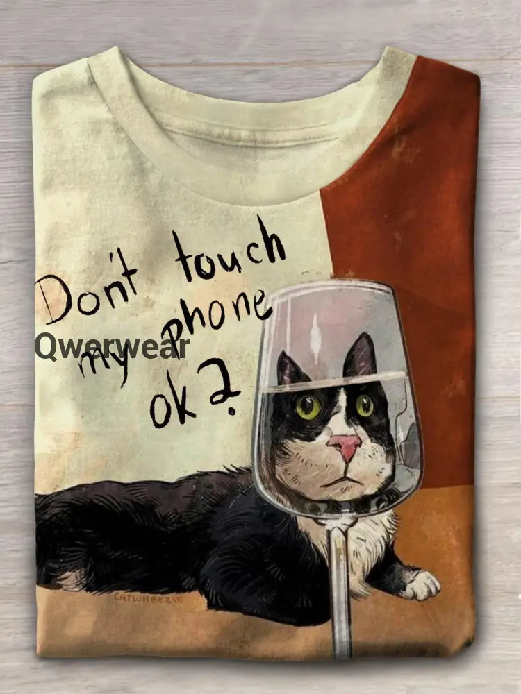 Don’t Touch My Phone OK Funny Cat Print Casual T-shirt Mixed Color / S