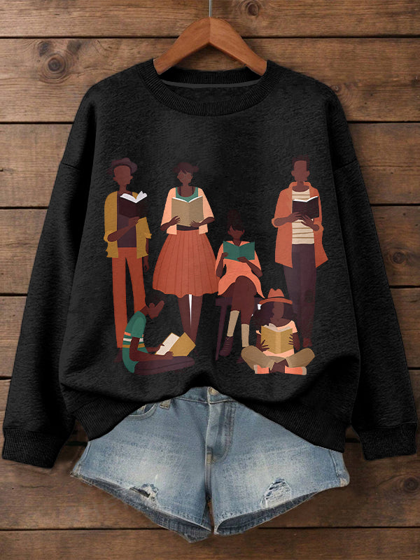 Women's Reading Lovers Illustration Print Cotton Long Sleeve T-Shirt Thin Sweatshirt