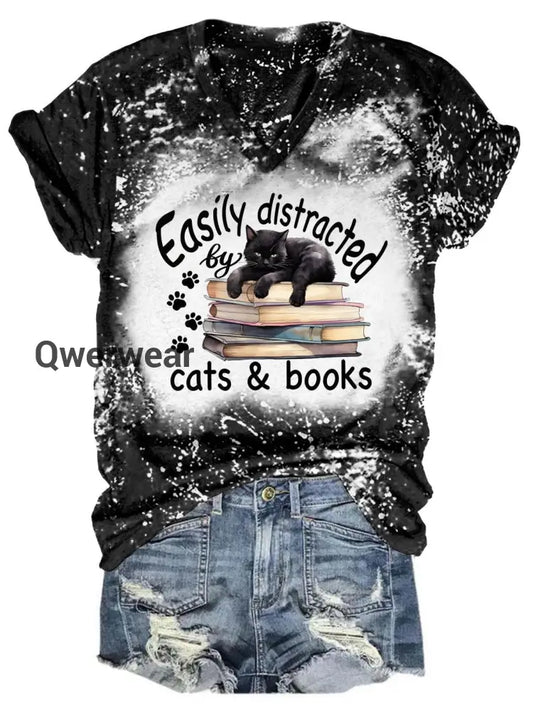 Easily Distracted Cats & Books Tie Dye V Neck T-Shirt Black / S Women\’s Tops