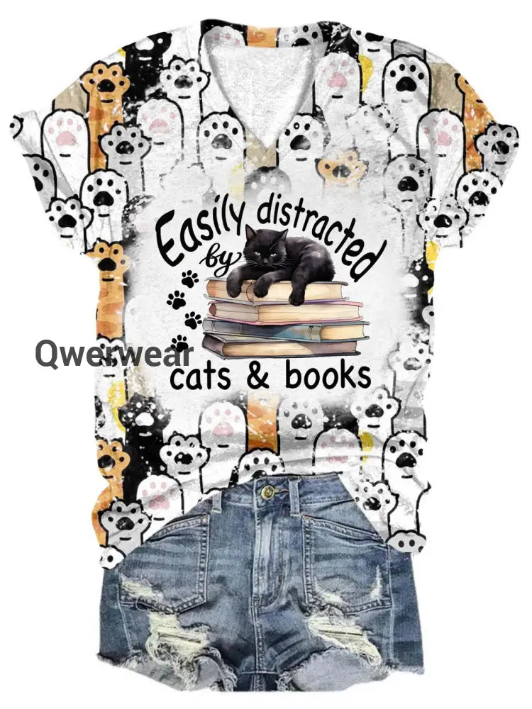 Easily Distracted Cats & Books Tie Dye V Neck T-Shirt Mixed Color / S Women\’s Tops
