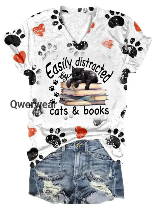 Easily Distracted Cats & Books Tie Dye V Neck T-Shirt Multicolor / S Women\’s Tops
