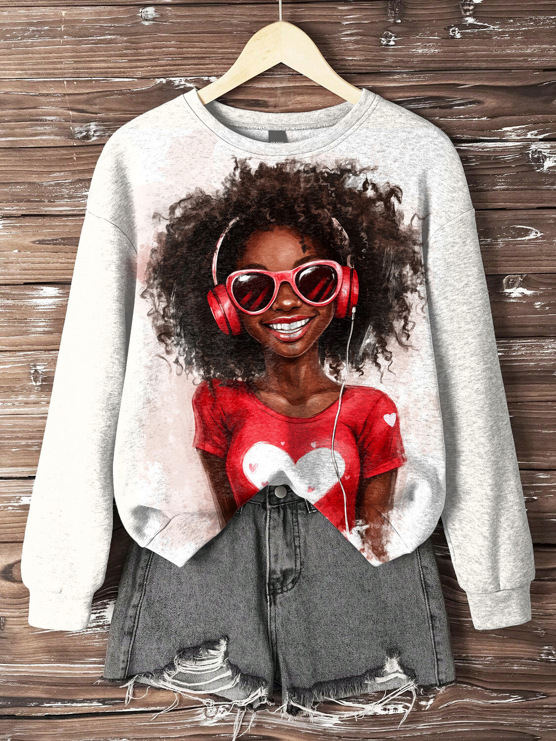 Women's Black Girl Enjoying Music Love Heart Print Cozy Sweatshirt