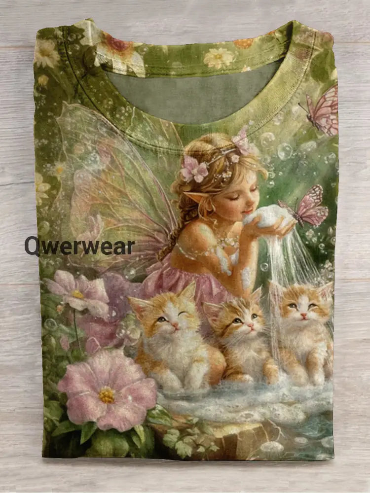 Elf Art Print Round Neck Short Sleeve Casual T-Shirt Green / S