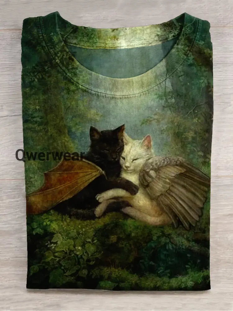 Elf Art Print Round Neck Short Sleeve Casual T-Shirt Green / S