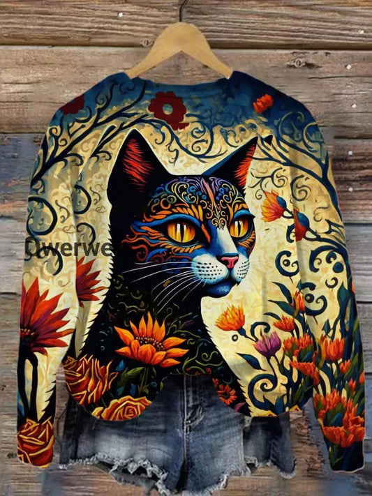 Floral Black Cat Printed Long Sleeve Top multicolor / S Women\’s Tops