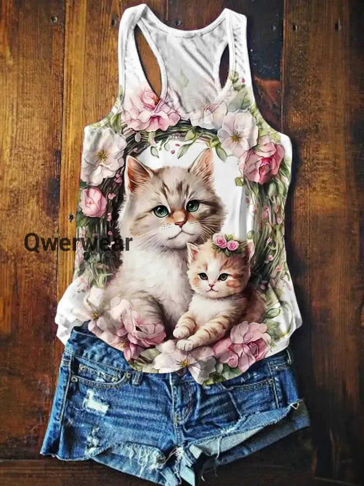 Floral Cat Print Casual Tank Top multicolor / S Women\’s Tops