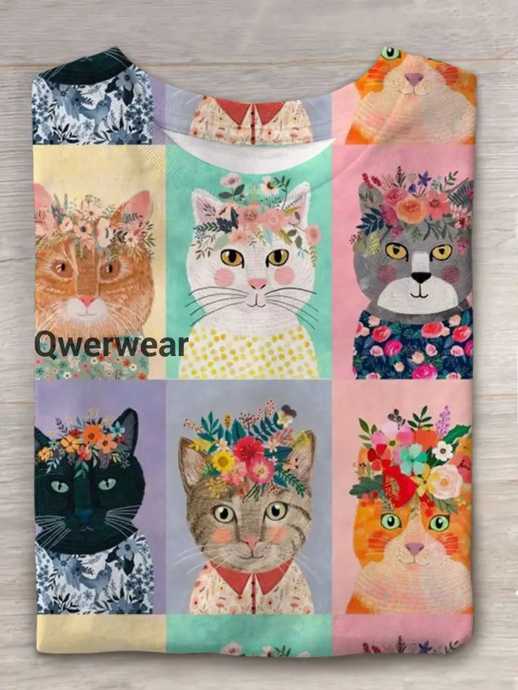 Floral Cat Print Crew Neck Short Sleeve T-Shirt Mixed Color / S Women\’s Tops