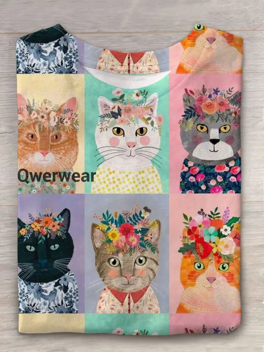 Floral Cat Print Crew Neck Short Sleeve T-Shirt Mixed Color / S Women\’s Tops