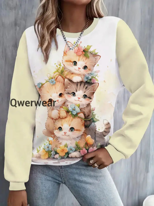Floral Cute Cat Print Long Sleeve Casual Top As Picture / S Women\’s Tops
