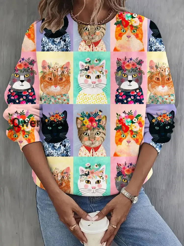 Floral Funny Cat Print Casual Top Mixed Color / S Women\’s Tops