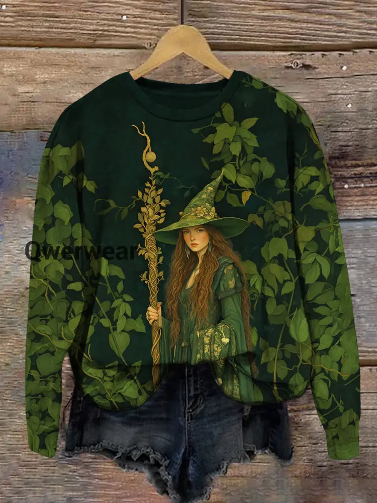 Forest Witch Art Print Unisex Crew Neck Long Sleeve Casual Sweatshirt Dark Green / S