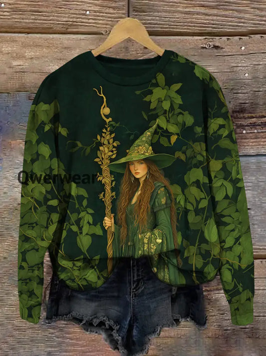 Forest Witch Art Print Unisex Crew Neck Long Sleeve Casual Sweatshirt Dark Green / S
