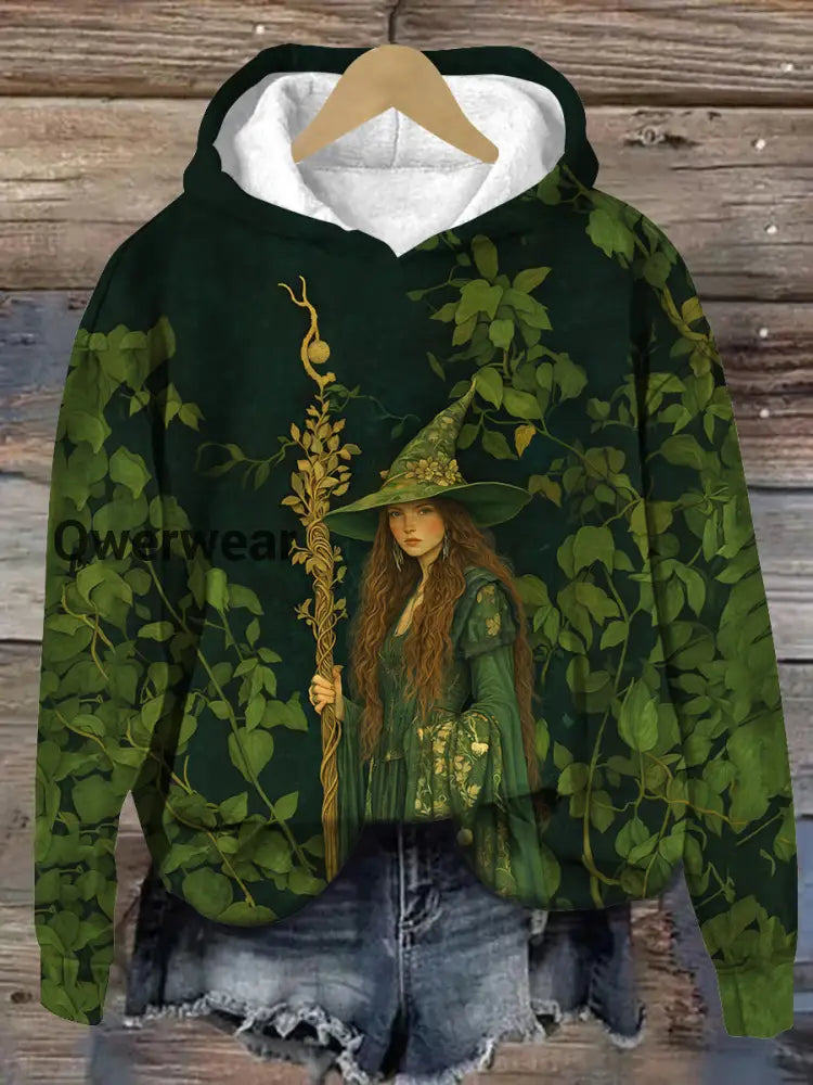 Forest Witch Art Print Unisex Long Sleeve Casual Hooded Sweatshirt Dark Green / S