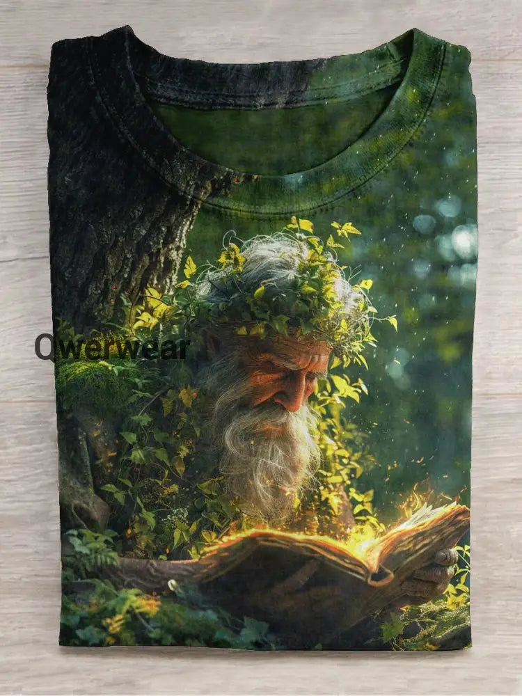 Forest Wizard Art Print Unisex Round Neck Short Sleeve Casual T-Shirt Dark Green / S