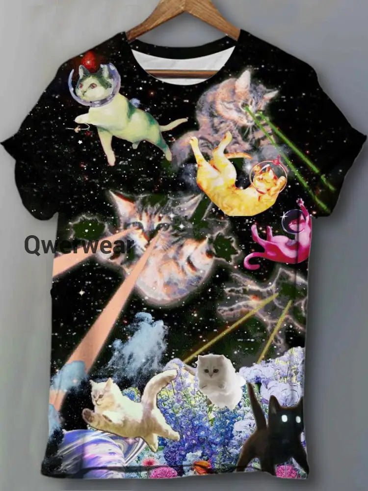 Fun Cat Print Crew Neck T-Shirt multicolor / S Women\’s Tops
